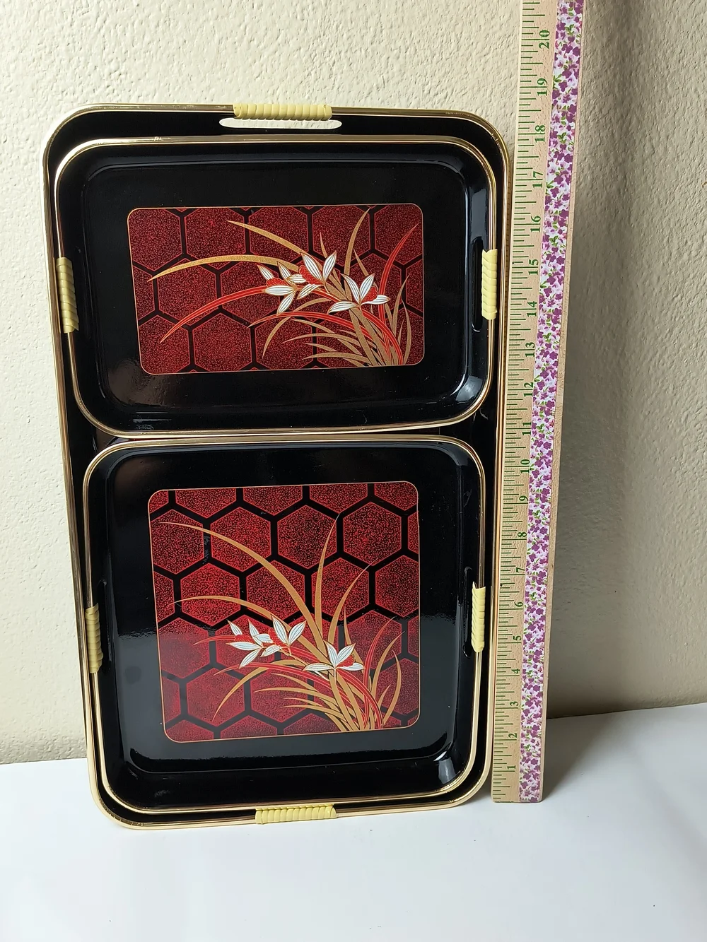 Vintage Himark NISHI GARDEN 3 pc Lacquerware Tray Set Japan 1984